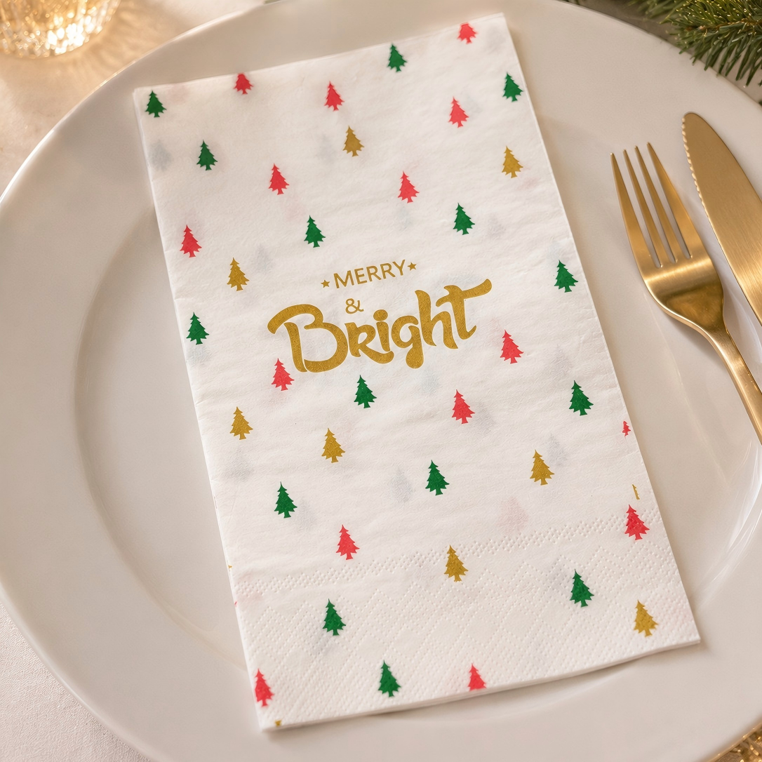 Serbet Makan Malam Sekali Pakai Cetakan Emas Merry & Cerah untuk Pengaturan Meja Pesta Natal